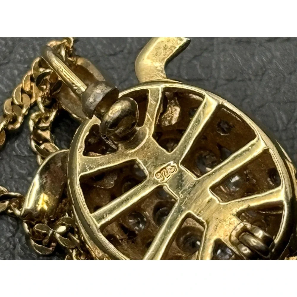 Vermeil Sterling Silver Moving Turtle Rhinestone Pendant Necklace 30